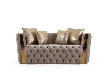 Naomi Button Tufted Loveseat with Velvet Fabric and Gold Accent in Taupe
