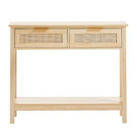 Rattan Console Table with 2 Storage Drawers, Rattan Entryway Table with Natural Rattan Sliding Door, Console Sofa Table for Living Room, Study