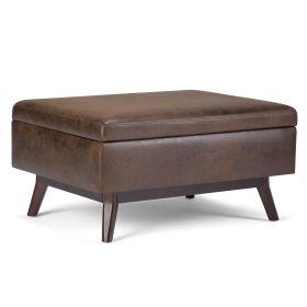 Owen 34 inch Wide Coffee Table Storage Ottoman in Distressed Chestnut Brown Vegan Leather