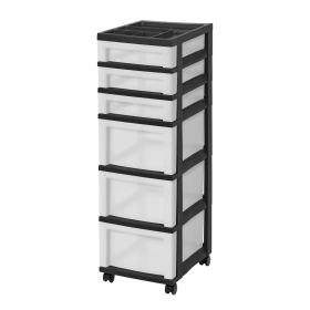 6-Drawer Plastic Storage Cart with Organizer Top and Wheels, Clear/Black