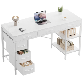 47-55 Inch Computer Desk with 6 Drawers Storage Shelves Home Office Gaming Desk for Bedroom Study Corner Living Room Work (Color: White/47IN)